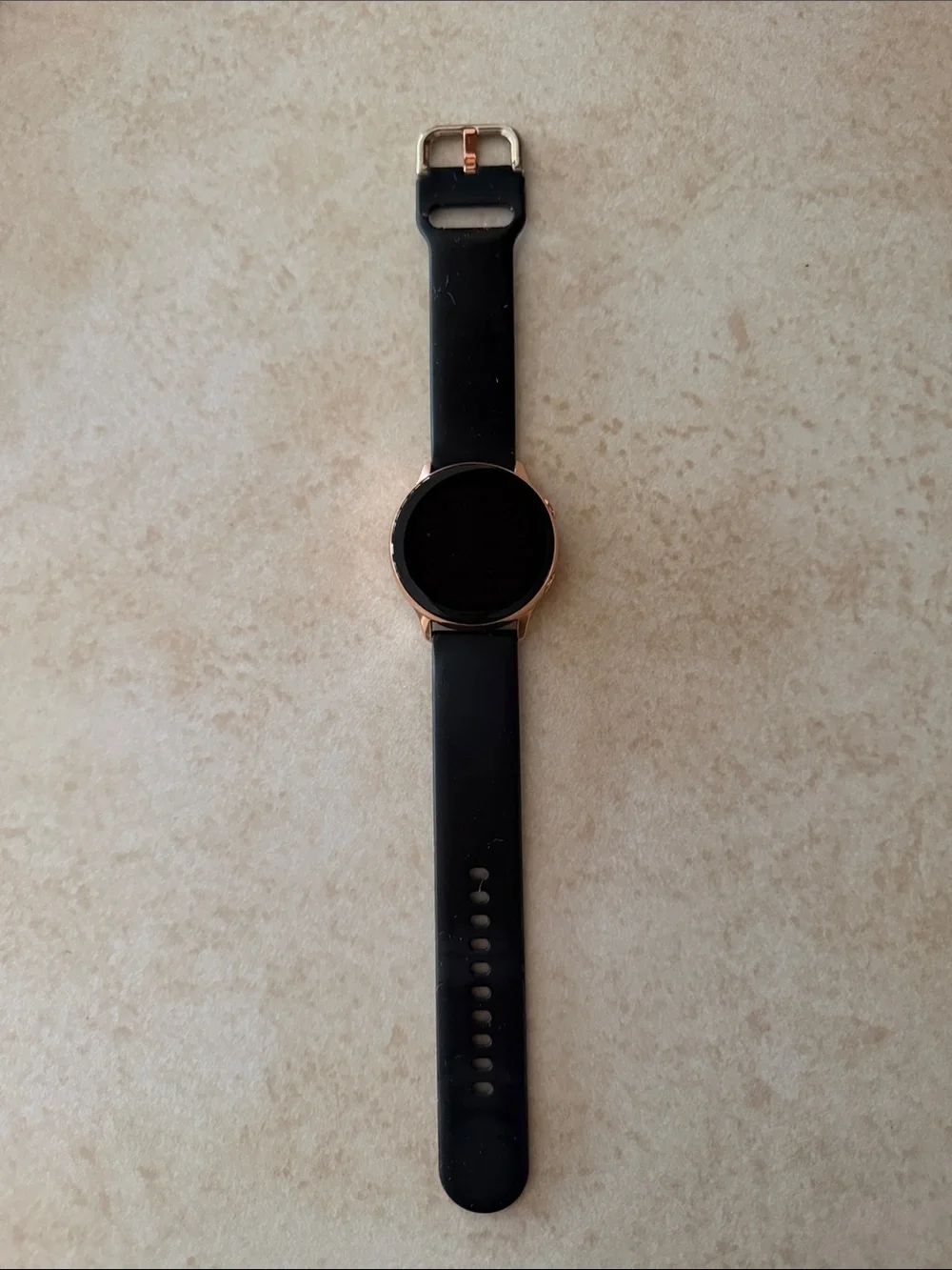 Samsung Galaxy Smartwatch with Rose Gold Case and black silicone strap